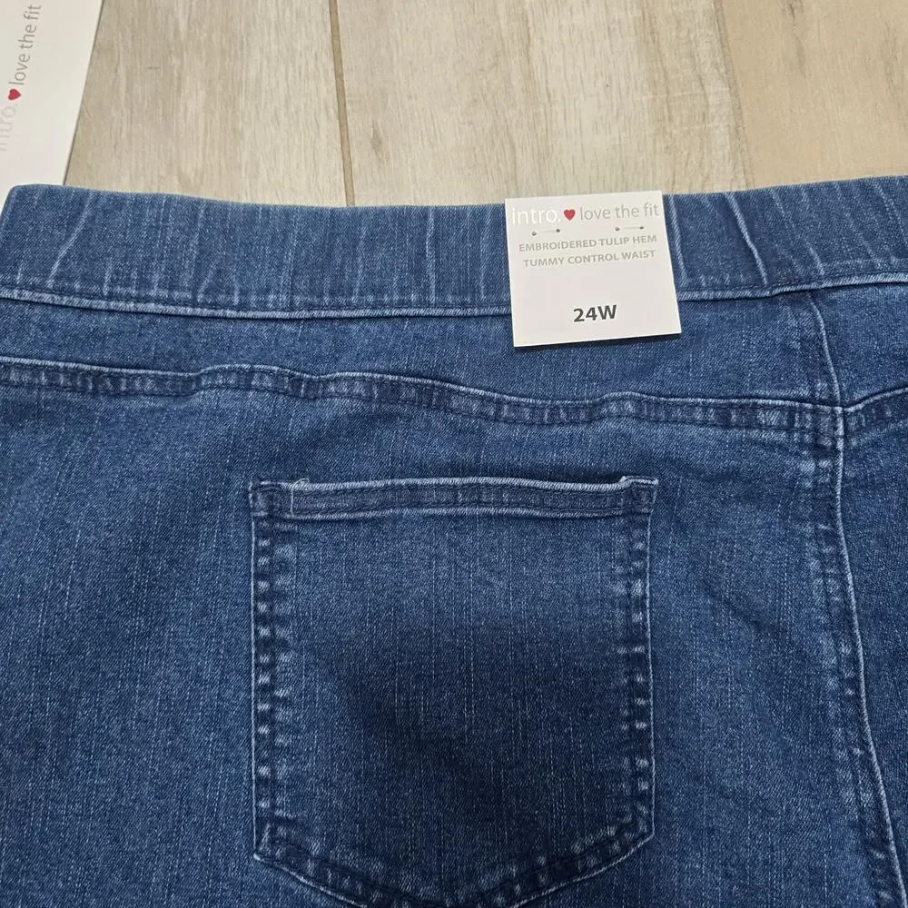 Intro Straight Leg Tulip Eyelet Embroidered Frayed Hem Pull-On Ankle Pants 24W - Picture 6 of 11